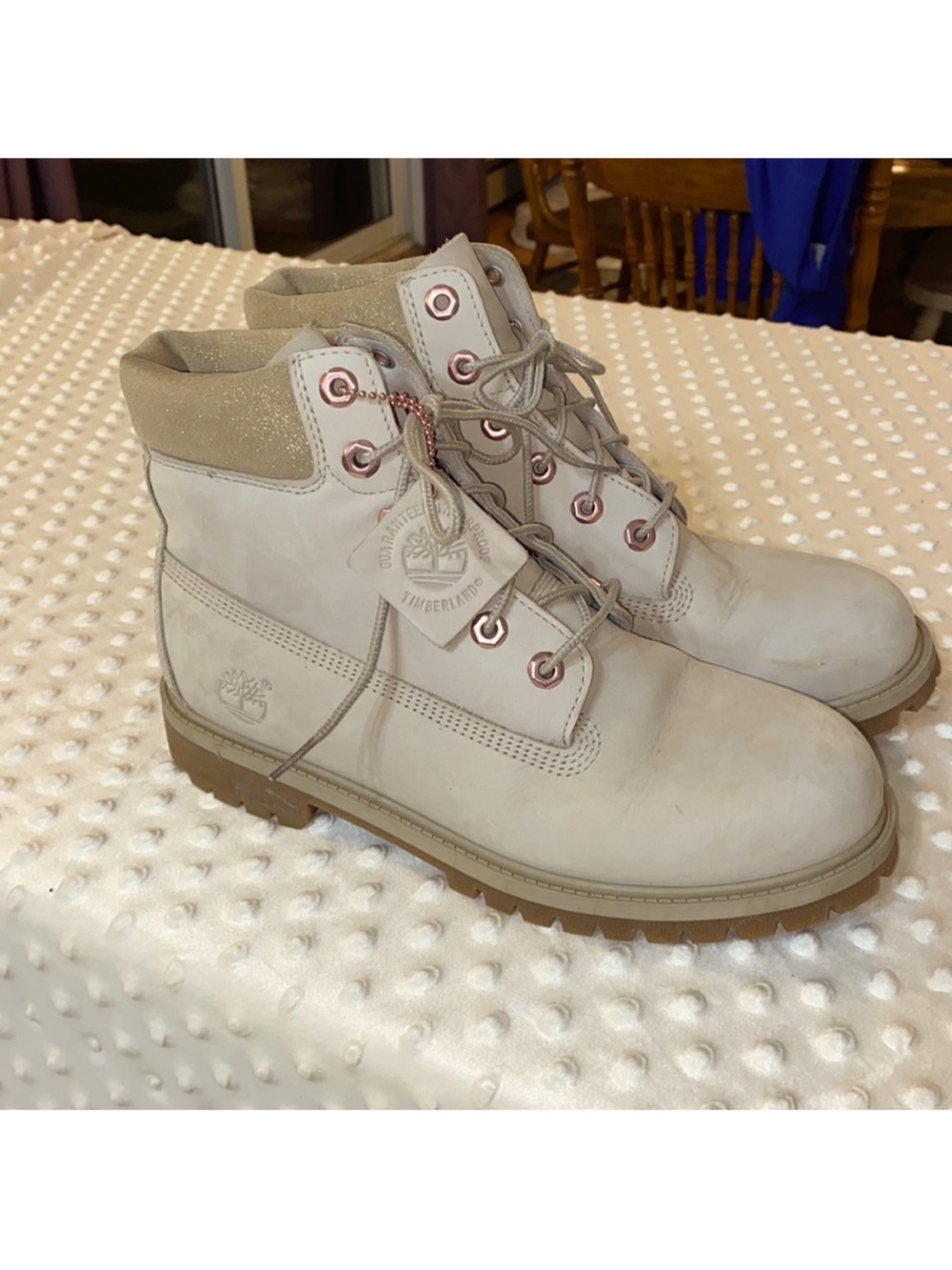 Timberland Boots Size 9 Beige Sparkle Top & Rose Gold Accent